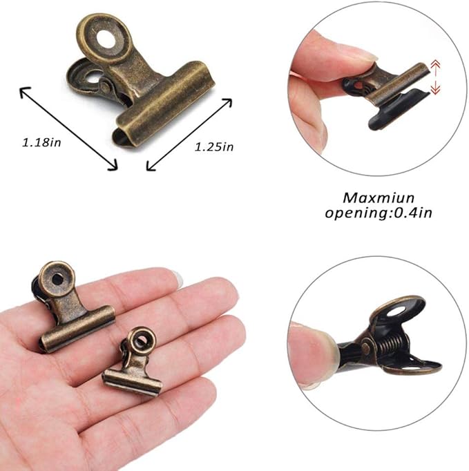 YUCHIYA 20 Pack Metal Clips with 20 Push-pins for Corkboard,Bulldog Clips for Hanging Pictures,Small Hinge Clips for Crafts,Mini Binder Clips Paper File Clamps for Office School(Bronze,1.2inch)