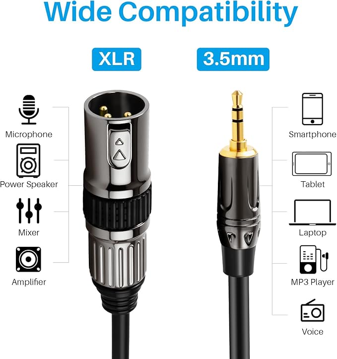 XLR to 3.5mm (1/8 inch) Microphone Cables, 1 Pack 6 Feet Oxygen-Free Copper 3-Pin Male to Male XLR Cables for Smartphone,Laptop, MP3 Player, Podcast Audio Mixer and More