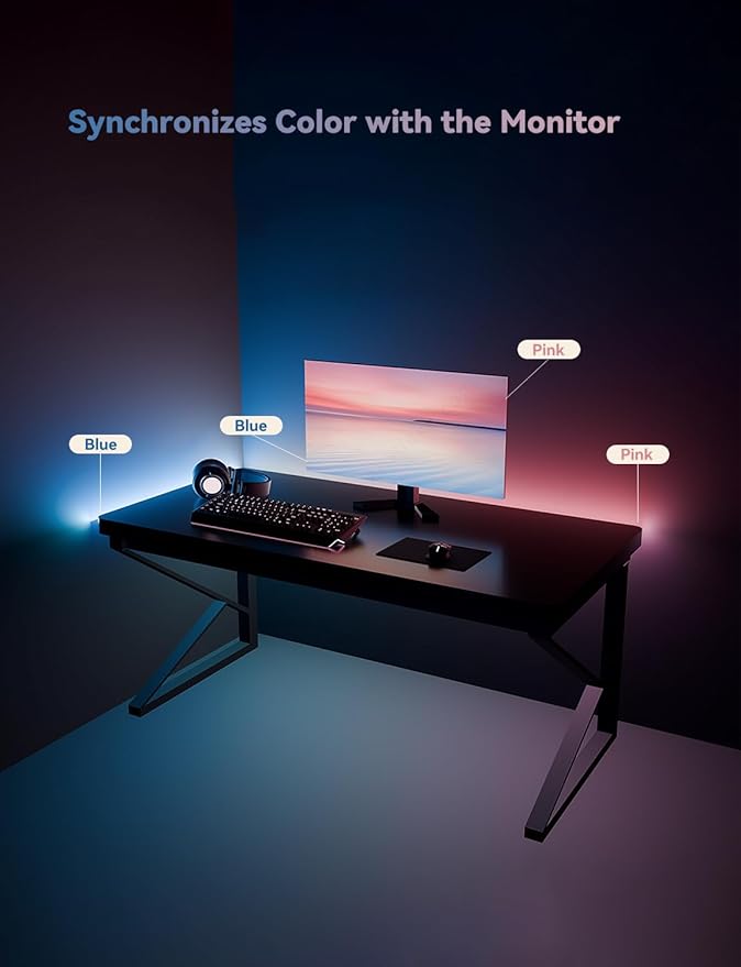RGB Backlight for PC & Mac, LED Strip Light Sync with Screen Color or Music, Stick to The Edge of Your Desk, LEDs for Desk Gaming, USB Port, Software Control, 3.94ft / 1.2m