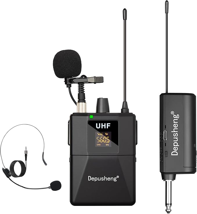 Depusheng UHF Wireless Microphone Headset System -Wireless Headset Mic System, with Lavalier Lapel Mics,200ft Range, 1/8'' and 1/4'' Plug for Recording PA Speaker,Conference