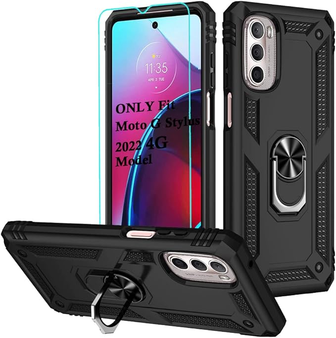 Androgate Phone Case for Motorola Moto G Stylus 2022 4G, Black, with Metal Ring Kickstand, Shockproof Cover, Compatible with HD Screen Protector