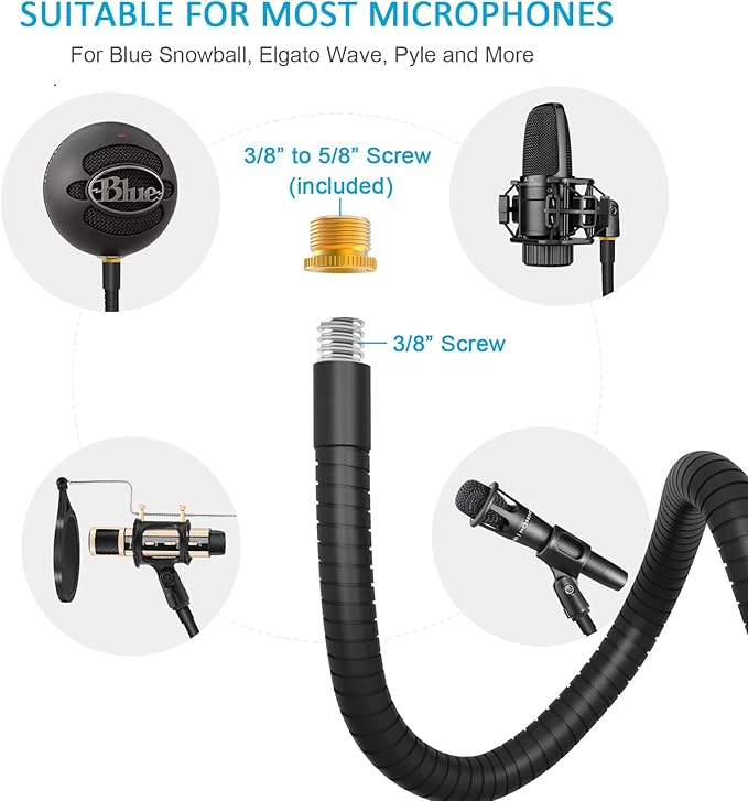 ZealSound Microphone Stand,Flexible Gooseneck Desktop Mic Stands Holder with Heavy Duty Desk Clamp,3/8" to 5/8" Screw Adapter Include 360 Adjustable Compact Mic Arm for Blue Snowball Ice Spark (Black)