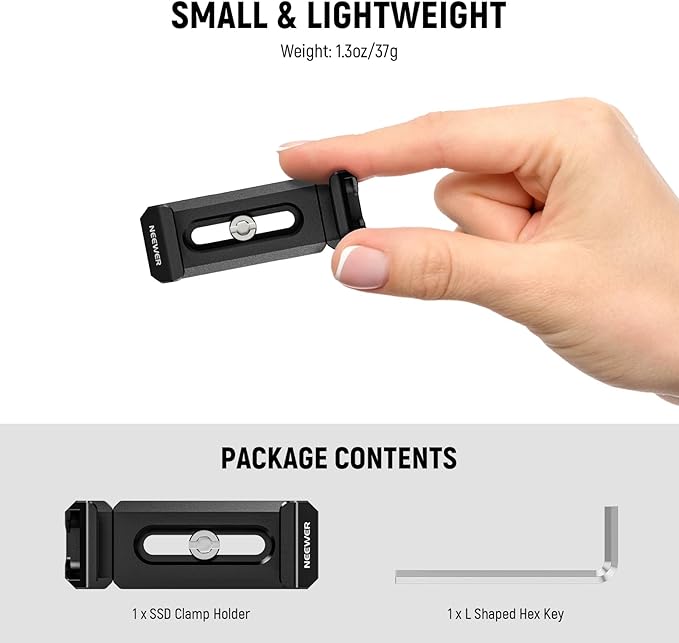 Neewer T5 T7 T9 SSD Holder Mount Bracket for iPhone 16 15 Pro Max Phone Cage PA023 PA024, 2.2"-3"/55-75mm SSD Clamp Compatible with Samsung with 1/4" Screw Anti Twist Bevel Edge, Cold Shoe, UA051