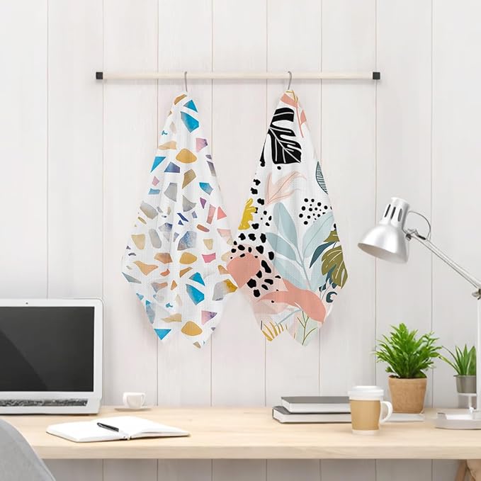 2Pcs Boho Palm Leaves Kitchen Towels 24x14 Inch, Colorful Geometric Pattern Hand Towels for Kitchen Home Decor, Absorbent Microfiber Dish Cloth Tea Towel, Housewarming Gifts for Women