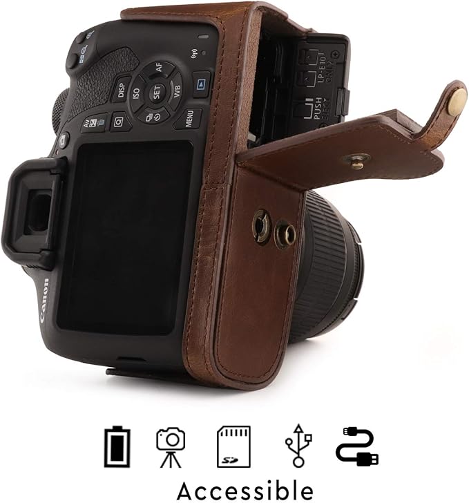 MegaGear MG1608 Ever Ready Leather Camera Case compatible with Canon EOS Rebel T7 (18-55mm), 2000D (18-55mm) - Dark Brown