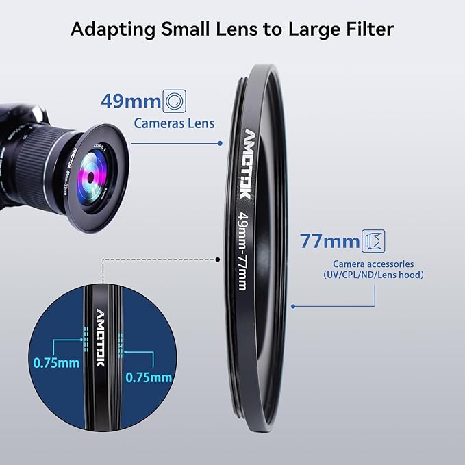 49mm Lens to 77mm Camera Lens Adapter,49mm to 77mm Filter Step-Up Adapter Ring,Compatible All 77mm Filter Accessory