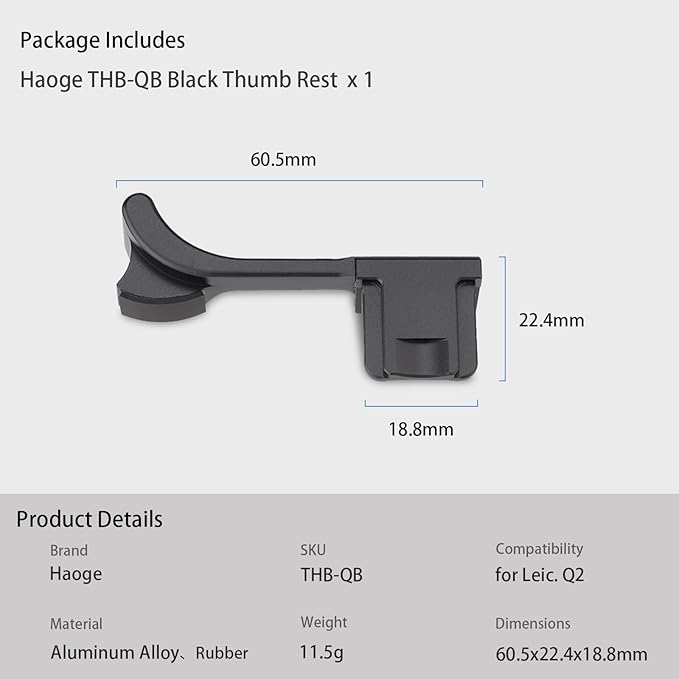 Haoge Metal Thumbs Up Hand Grip for Leica Q2 Camera Black THB-QB Hot Shoe Thumb Up Rest