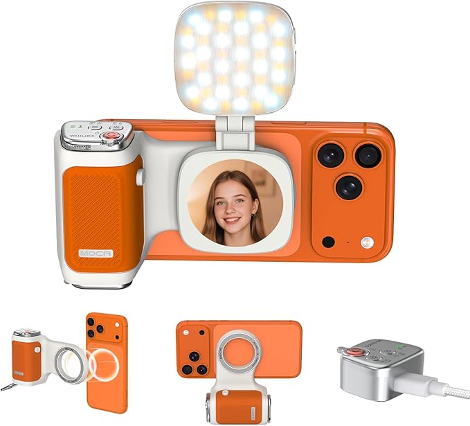 COMITOK iPhone Camera Grip MOCA with Magnet Fill Light & Mirror for 17 Pro iOS26 Native Camera, Fun Shot Magnetic Grip for Phone Compatible iOS17 and iOS18 with Anti-Drop Detachable Remote & Keychain
