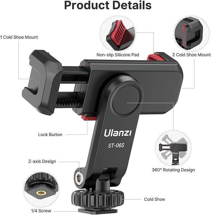 ULANZI Phone Tripod Mount ST-06S, Universal Smartphone Mount Adapter with 2 Cold Shoe, 360° Rotates Adjustable Cell Phone Clip Clamp Holder, Compatible with iPhone17/16/15, Samsung Galaxy Smartphones