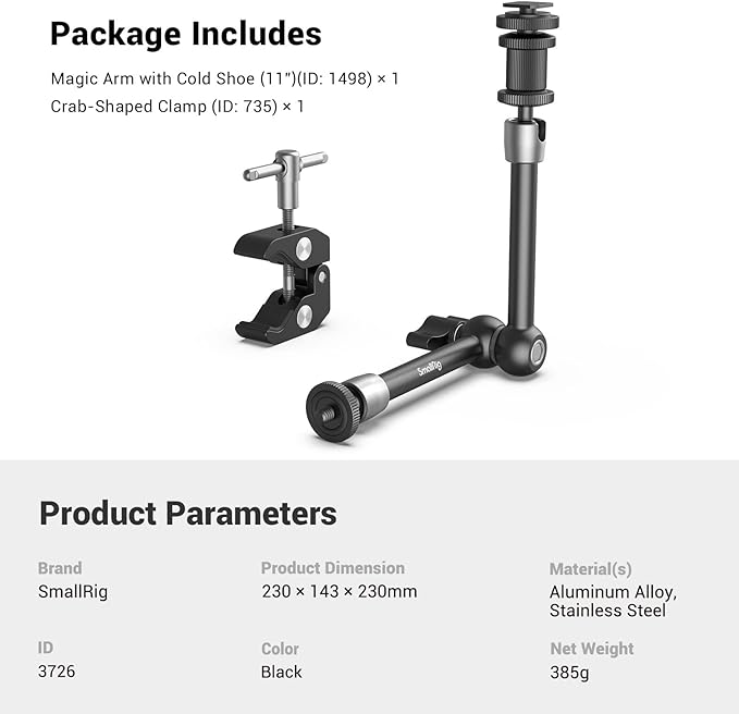 SMALLRIG 11'' Articulating Magic Arm and Clamp w/ 1/4" and 3/8" Thread, Adjustable Friction Power Camera Mount with Cold Shoe Mount for Monitor, LED Lights, Mic, for DJI/Insta360 Action Cameras - 3726