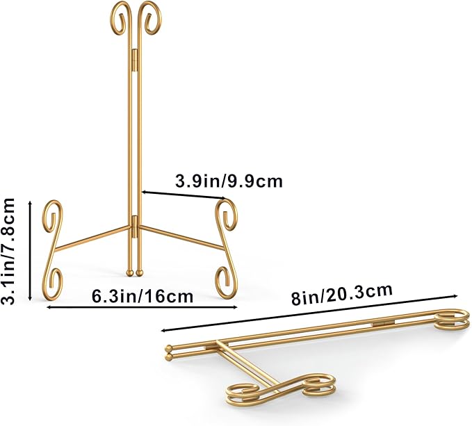 Gold Plate Stand, 8 Inch Decorative Holder for Displaying Platters, Heavy-Duty Metal Easel Stand for Picture, Photo Frame, Books and Round Objects, 1-Pack