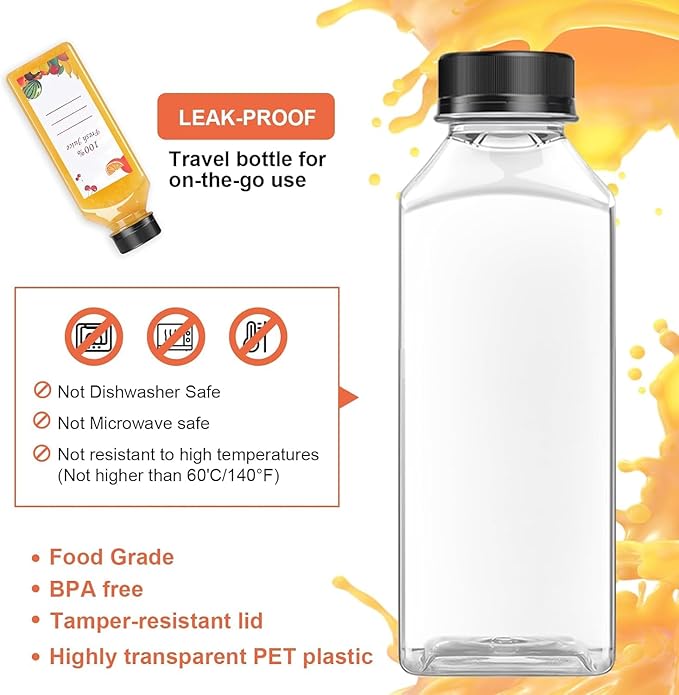 OBKJJ 40 pcs 16oz Pcs Juice Bottles, Juice Bottle with Caps Reusable Empty Clear Bottles with Label, Funnel, Brush Bulk Beverage Containers for Juicing, Drinking, Smoothie and Other Beverages (16-OZ)
