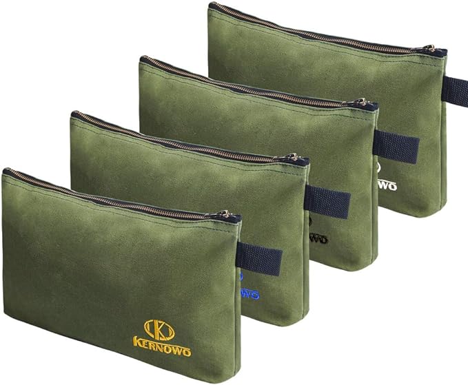 OTEVORP Premium Canvas Tool Pouch Zipper Bag,Small Tool Bag,Multipurpose Storage Pouch(4Pack 12.75x8x2.25 inch 20oz Water Resistant Heavy Duty Army Green Flat Bottom Tool Bag with Brass Zipper)