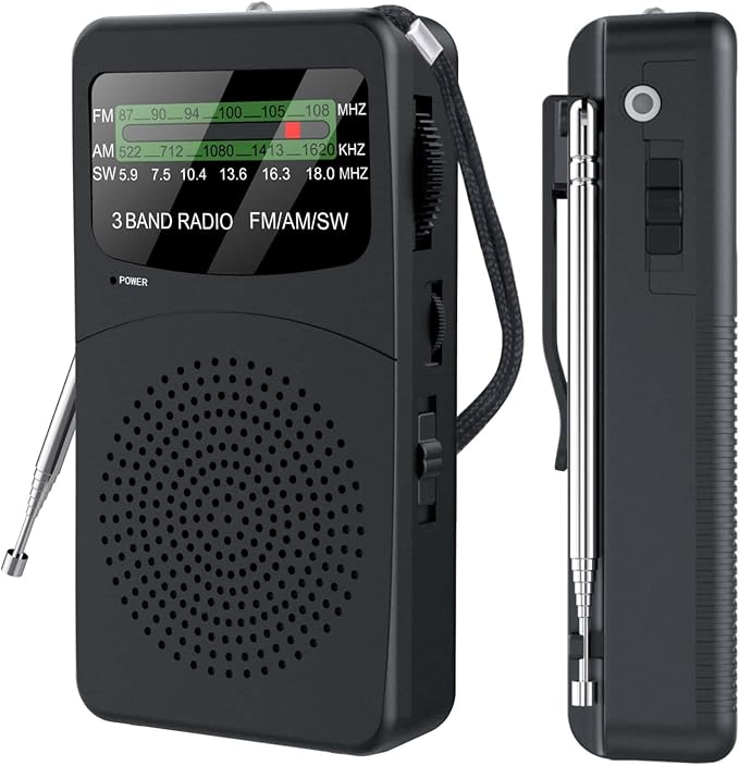 FM AM SW Back Clip Pocket Radio, Battery Operated Mini Radios, Portable Shortwave Transistor Radio with Emergency LED Flashlight & Headphone Jack for Elder/Kids
