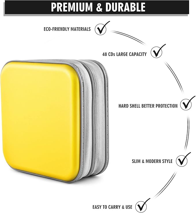 DVD Case Wallet Holder Binder - 48 Capacity CD/DVD Cases Storage Holder Binder Organizer Wallet Book for Car, Home, Travel (Yellow)