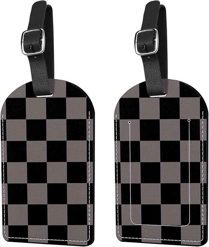 2 Pack Luggage Tag Suitcase Tags PU Leather Identifiers Privacy Cover Luggage Tags Aesthetic Cute Travel Bag Labels for Women Girls Men-Black Gray Checkered