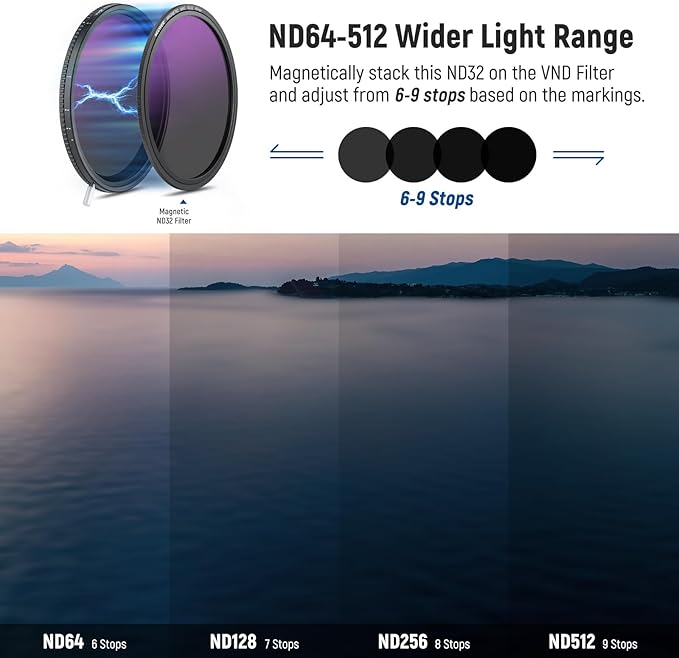 Neewer HD True Colors 49mm Variable ND Filter ND2-512 (1-9 Stops), VND Filter & Magnetic ND32 Lens Filter, Multi Coated Neutral Density Filter, No Color Shift/No X Cross/No Vignetting