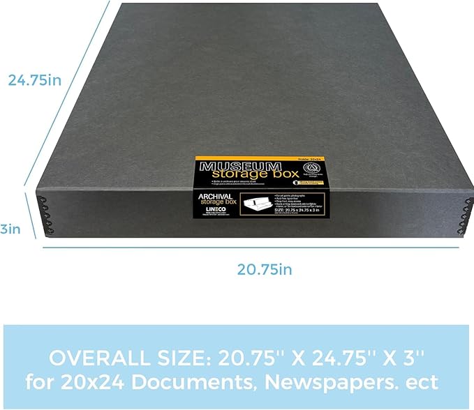 Lineco Museum Archival Storage Box, 20.75x24.75x3 in. Drop Front Design. Acid-Free with Metal Edge. Organize Photos, Pictures, Prints, Documents, Crafts, DIY. Gray, 2 Pack