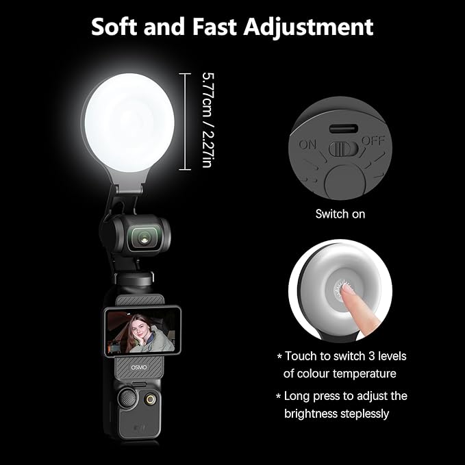 AMAZEAR LED Light for DJI OSMO Pocket 3 Accessories, Auto-Follow Gimbal Selfie Vlog Video Auxiliary Fill Lighting, CRI≥95, 3-Color Temp 2500-9000K Brightness Adjustable, 2W USB-C (Black)