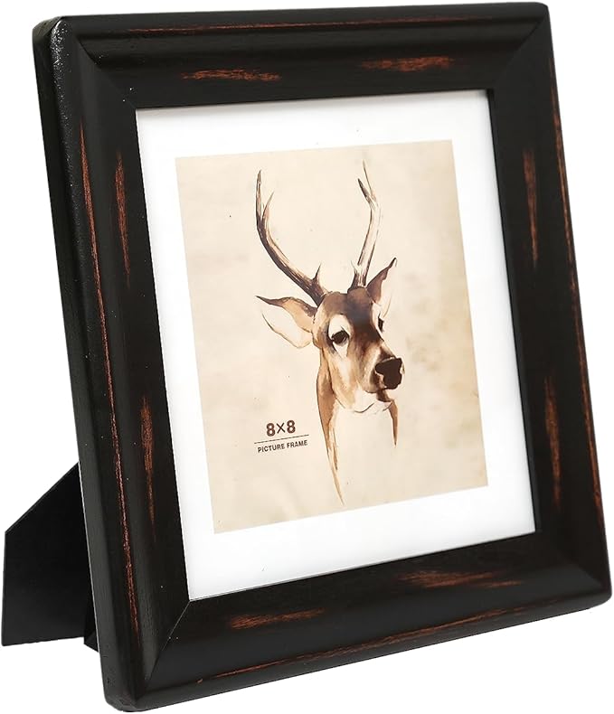 8x8 Wooden Picture Frames, Rustic Square Photo Frame Made of Solid Wood and Real Glass for Wall Hanging And Table Standing (Black)