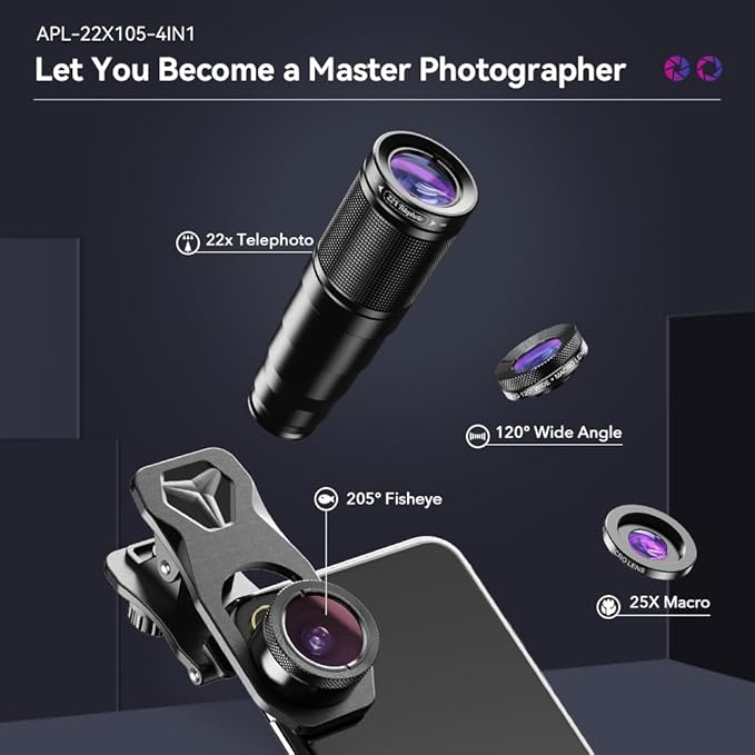 APEXEL 6 in 1 Phone Lens Kit - 22x Telephoto Lens, 205° Fisheye Lens, 120° Wide Angle Lens & 25X Macro Lens(Screwed Together), Compatible with iPhone,Samsung,Pixel
