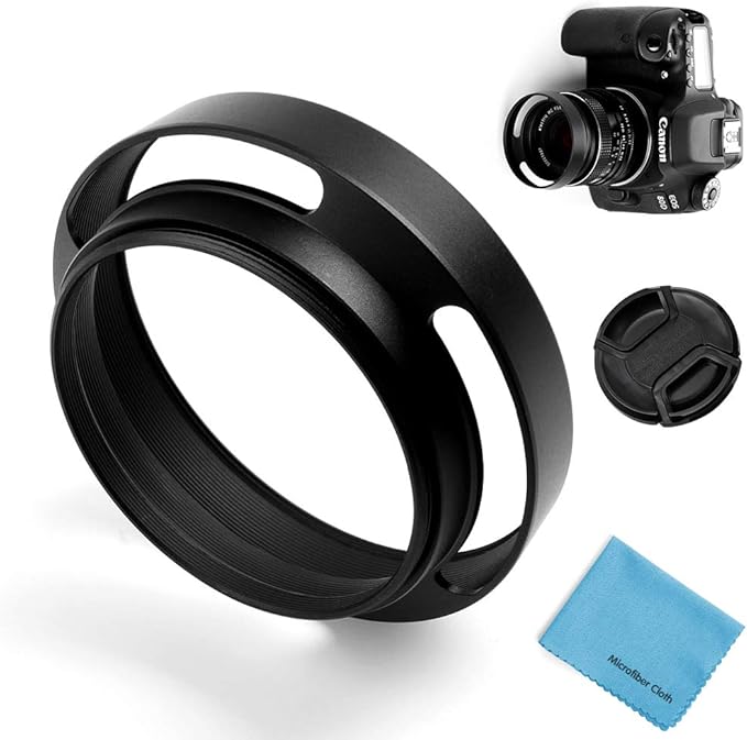 58mm Hollow Lens Hood Universal Metal Hollow Vented Tilted Curved Lens Hood Sunshade with Centre Pinch Lens Cap for Leica Canon Nikon Sony Pentax Olympus Fuji Camera + Microfiber Cleaning Cloth