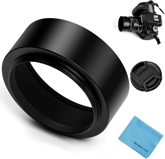 52mm Metal Standard Screw-in Standard Lens Hood Sunshade with Centre Pinch Lens Cap for Canon Nikon Sony Pentax Olympus Fuji Sumsung Leica Camera +Cleaning Cloth