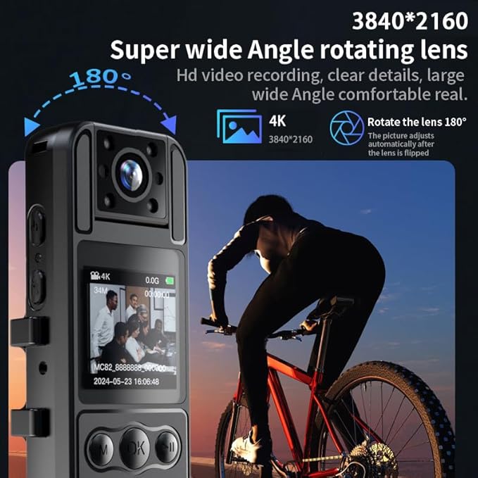 128G4K Body Cam with 180°Rotating Lens,Bike Camera with Audio and Video Recording,Sport Camera with 6hrs Battery,Night Vision,Wearable Cam for Pet,Office,Security Police Law Enforcement (H82-4K-128G)