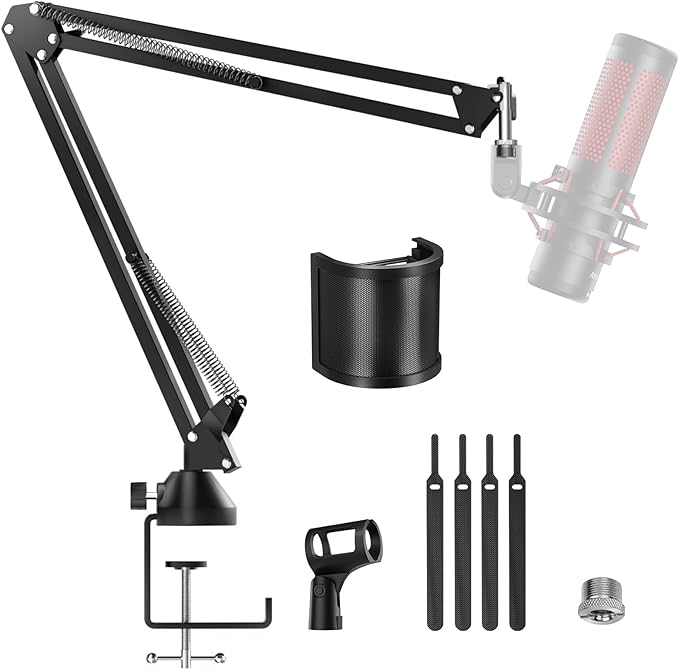 TONOR Microphone Boom Arm, Adjustable Microfono Stand Mic Arm with Extra-large Pop Filter, 3/8’’ and 5/8’’ Screwadapter, Equipment for Podcast, Recording, Streaming, 35cm+35cm, T10
