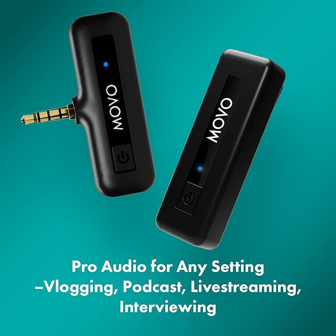 Movo Wireless Mini Camera Microphone for Video Recording- 2.4Ghz Wireless Transmitter with Clip on Lavalier Microphone for DSLR, Mirrorless Camera- Compact Lapel Mic (164FT Range, 10-Hr Battery Life)