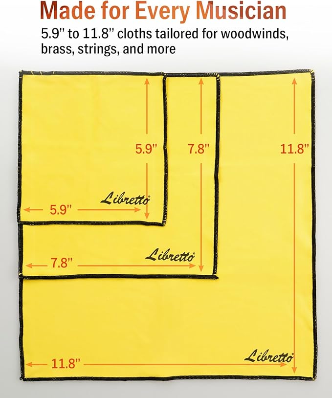 Libretto Super Microfiber Cleaning Cloths for Musical Instruments, 3 Sizes 5.9 x 5.9 in, 7.8 x 7.8 in, 11.8 x 11.8 in, Lint-Free and Scratch-Free