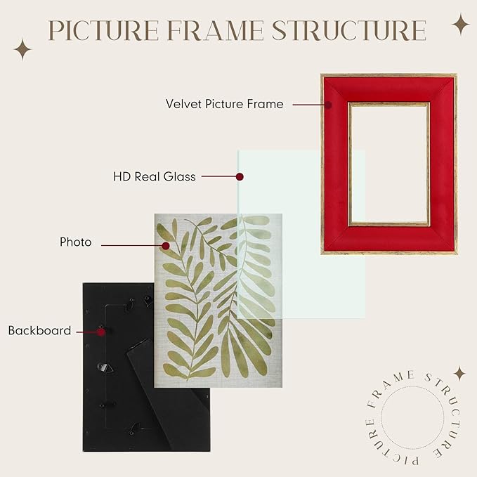 Kathfly 1 Pcs Red Velvet Picture Frame 4 x 6 Inch Vintage Photo Frame with Gold Metal Edge Horizontal & Vertical Mount for Poster Artwork Puzzles Tabletop Wall Display Christmas Home Office Decor