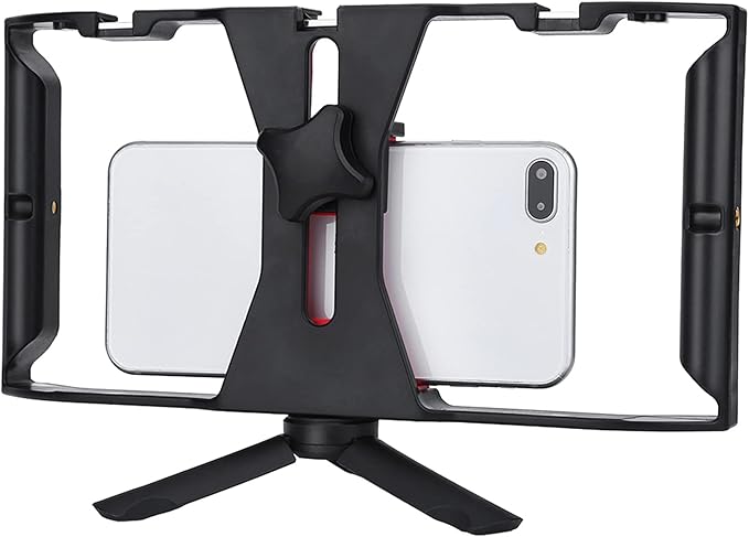 Dual Handle Phone Stabilizer | Adjustable Smartphone Rig with 3 Cold Shoe Mounts/Tripod | Handheld Gimbal for Live Streaming/Vlogging/Film Making | Portable & Sturdy ABS
