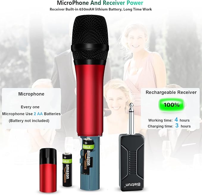 Wireless Microphone, Uhf Metal Dynamic Handheld Karaoke Mic, Rechargeable Receiver (Work 6hs),160ft Range, for Karaoke, Singing, Stage, Wedding, Speech, Karaoke Machine, Speaker, Amplifier, Mixer