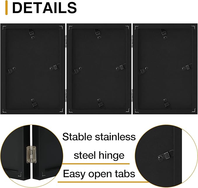 decorUhome Triple 4x6 Picture Frame Vertical, Engineered Wood Trifold Photo Frame with Plexiglass for Tabletop Display, 4x6, Black
