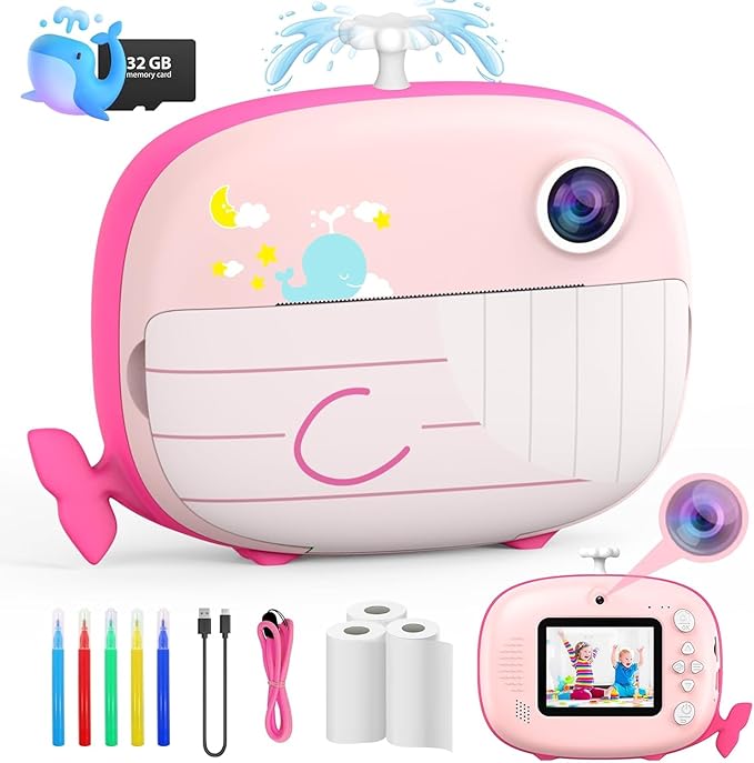 Kids Instant Print Camera - 12MP Ink Free Printing for Kids Aged 3-10 - Selfie Camera for Boys & Girls - Pink
