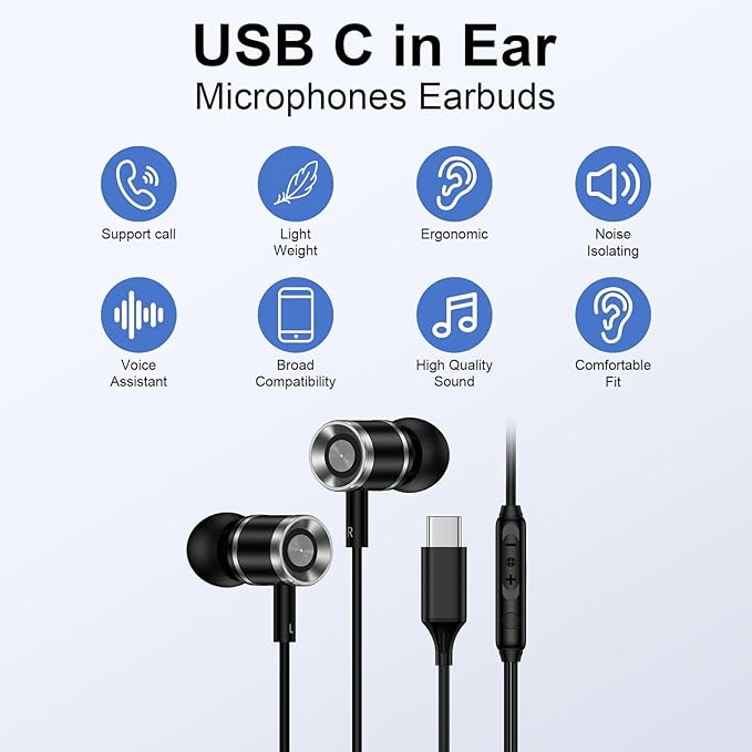 Samsung Earbuds Wired Headphones USB C for Samsung Galaxy S25 Ultra S25 FE A36 A17 5G A16 A56 A35 S24 FE S23 Plus,Wired Earphones USBC Earbuds with Microphone for iPhone 17 Pro Max Air 16e 16Plus 15