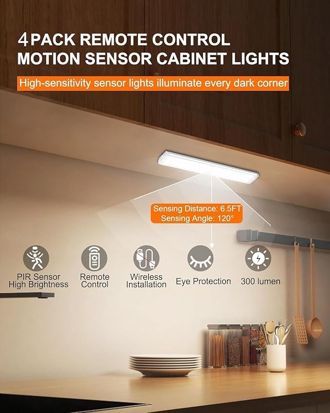 Diomart Under Cabinet Lighting, RGB Rechargeable Motion Sensor Light Indoor Night Lights, 58 -LED Remote Control Under Counter Lightis for Kitchen, Wardrobe, Hallway, Stairs, Desk(4 Pack)