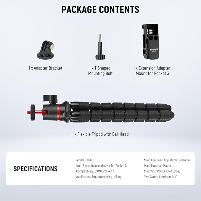 NEEWER Basics Tripod & Extension Adapter Compatible with DJI Osmo Pocket 3, 4 in 1 Mountaineering Kit, Mini Flexible Tripod/Expansion Cage Frame/Mount Adapter for Vlogging, GP-66