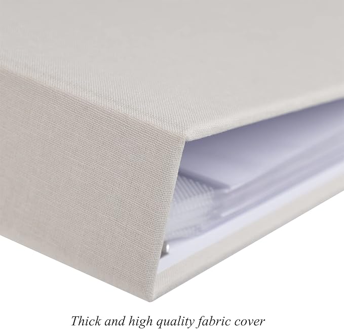 1DOT2 8x8 DIY Small 3 Ring Scrapbook Photo Album Journal with 30 Plastic Sleeves 60 Pages and Fabric Cover for Baby Travel Wedding Couple Anniversary Kids Adventure(Beige Cover/White Pages)