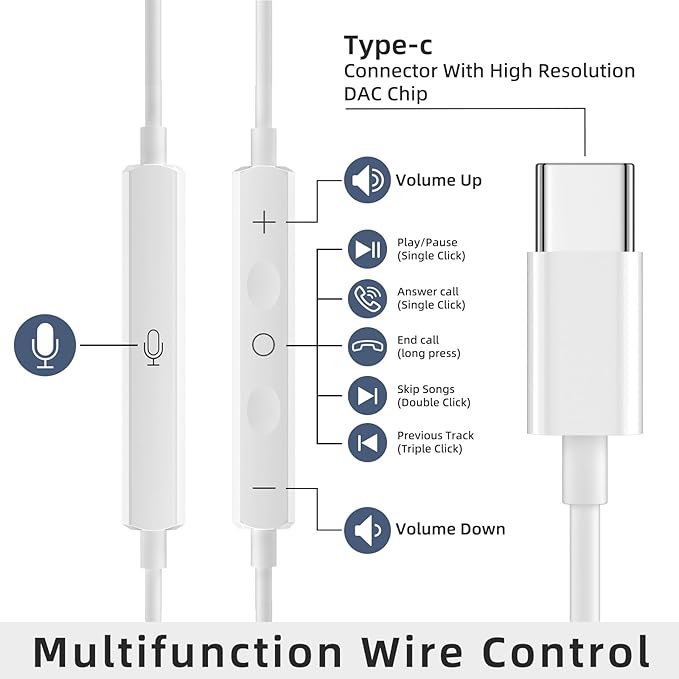 2 Packs USB C Headphones for iPhone 17/16/15 Pro Max iPad Plus Type C Earphones with Microphone Volume Control USB C Wired Earbuds USB Type C Earphone for Samsung S25 Ultra S24 S23 S22 S21 S20 A55