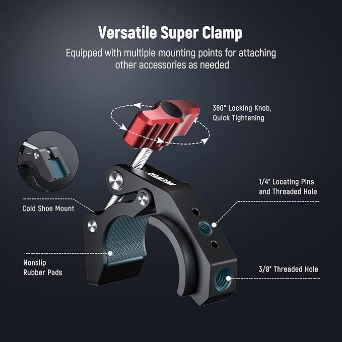 NEEWER Super Clamp with Cold Shoe & 1/4 Inch 3/8 Inch Thread Holes, Max. Load 4 kg, Crab Shaped Camera Tripod Holder for Most Photo Accessories, Compatible with SmallRig Magic Arm, Red ST81