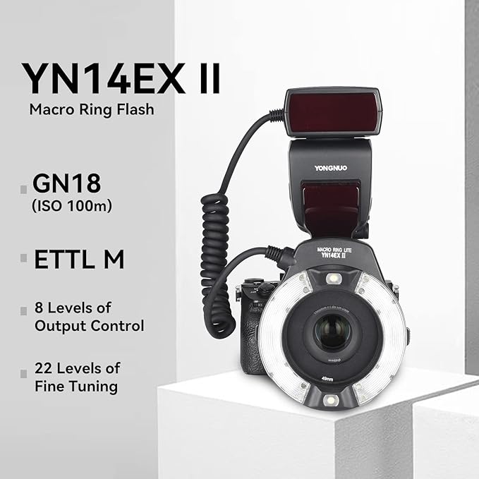 YONGNUO YN14EX II Macro Ring Flash for Canon DSLR Cameras, with Adapter Rings and Color Temperature Filters, Hot Shoe Mount, Support M, TTL Flash