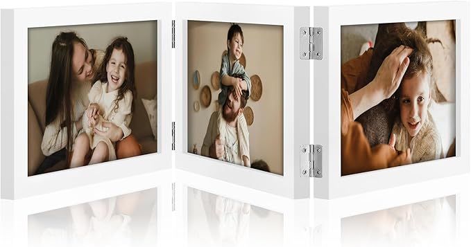 decorUhome Triple 7x5 Picture Frame Horizontal, Engineered Wood Trifold Photo Frame with Plexiglass for Tabletop Display, 7x5, White