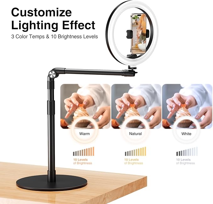 elitehood Overhead Phone Mount with Light for Video Recording, Adjustable Desk Ring Light with Stand and Phone Holder, Heavy Duty Overhead Camera Mount Tripod for iPhone Cooking Video, Filming Meeting