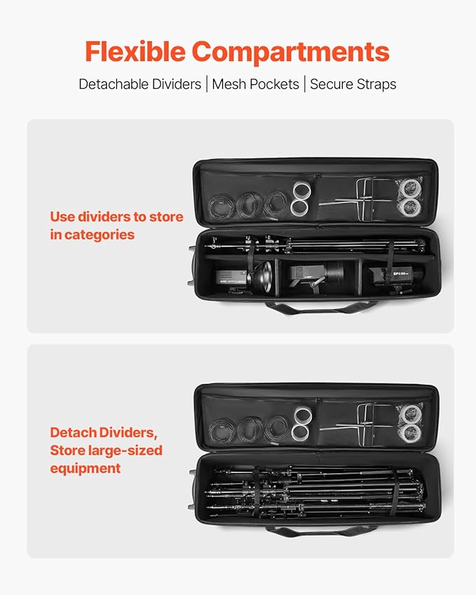 VEVOR Studio Equipment Trolley Case, 51.57 x 14.37 x 14.96 in / 131 x 36.5 x 38 cm, Rolling Camera Bag, Carrying Bag with Wheels Straps Padded Compartment Handle, for Light Stands, Tripods, Telescopes