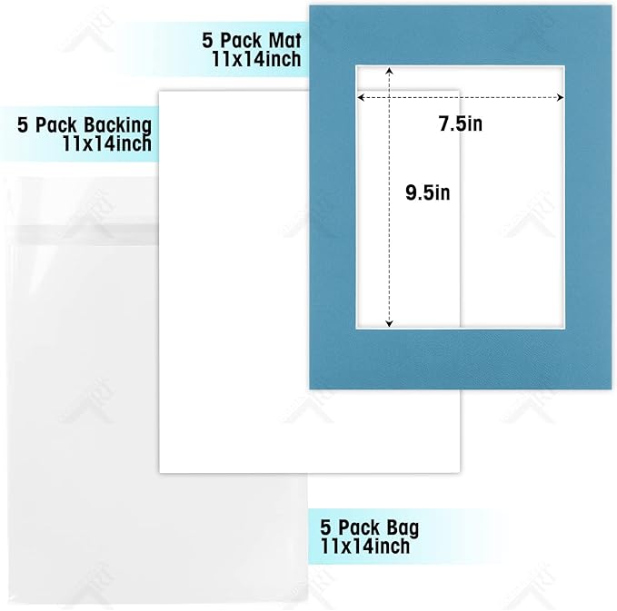 Golden State Art, Acid Free, Pack of 5, 11x14 Mixed Color Picture Mats Mattes with White Core Bevel Cut for 8x10 Photo + Backing + Bags