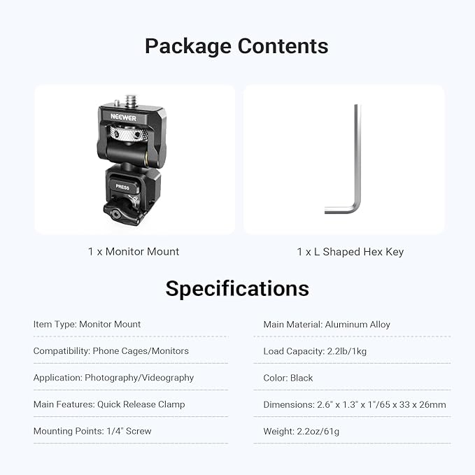 NEEWER Quick Release Monitor Mount for Phone Cage, Video Rig Stabilizer Mobile Photography Accessories Holder Compatible with iPhone Samsung Android F700 Camera Field Monitor, PA127