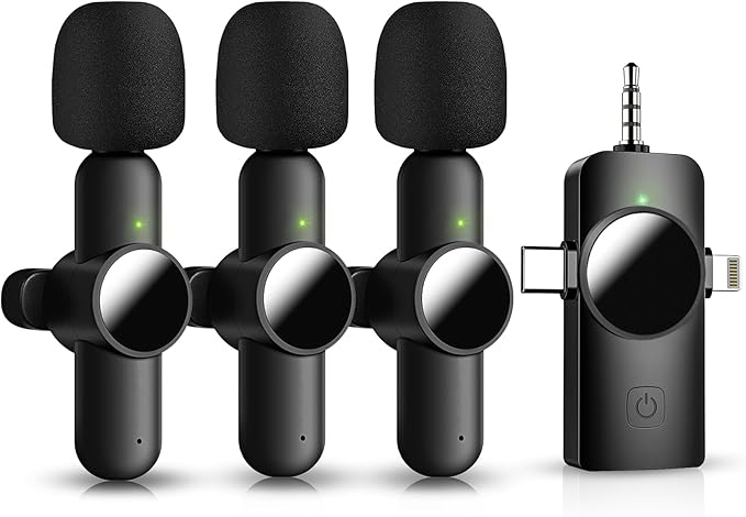 3 in 1 Mini Microphone,Wireless Lavalier Microphones for iPhone Android Camera USB-C,2.4G Ultra-Low Delay,Noise Reduction,Microphone Video Recording, Live Streaming (Black, 3microphone) (3) (3)