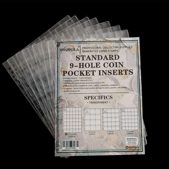420 Pockets Coin Binders Pages - 1.14 inch Holders 10 pcs Loose-Leaf Sheets Acid-Free Collection Holders for Medallion Coin Stamp Currency Collecting Supplies 29x29mm / 1.14x1.14 inch CS03242